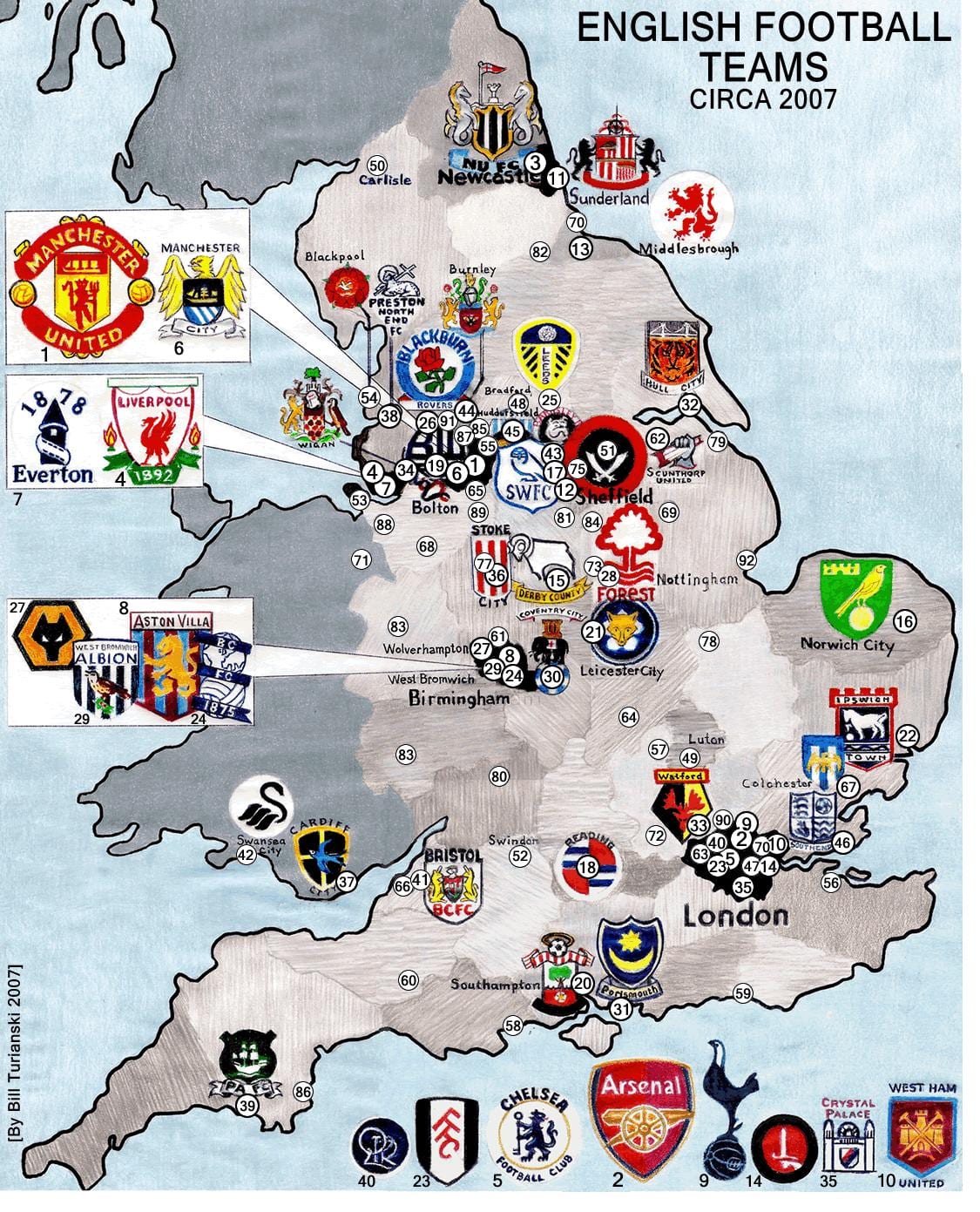 英国のサッカークラブを地図
